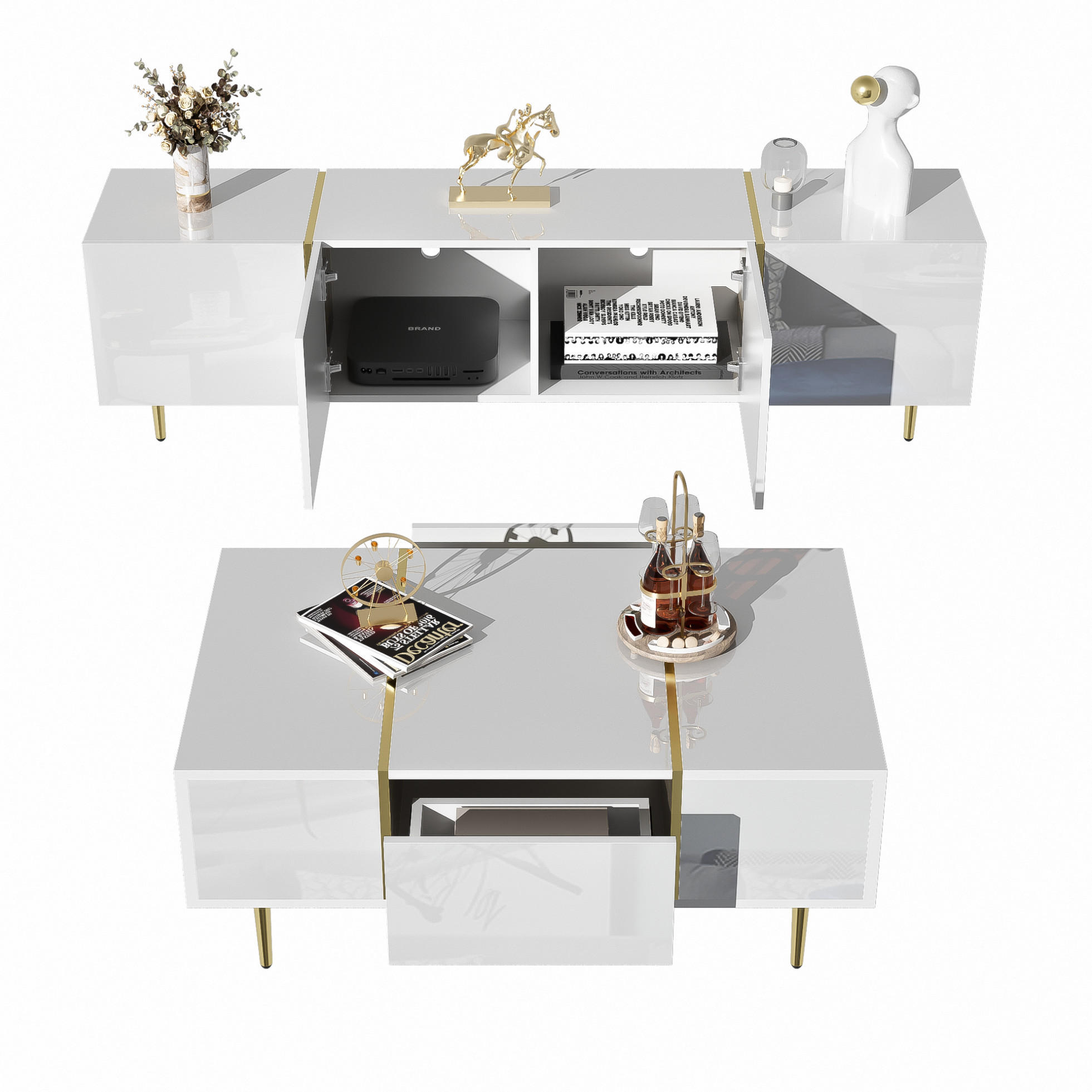 OKWISH SET TV stolku a konferenčního stolku 170/35/46 a 100/60/41,5 cm bílý z MDF s úložným prostorem