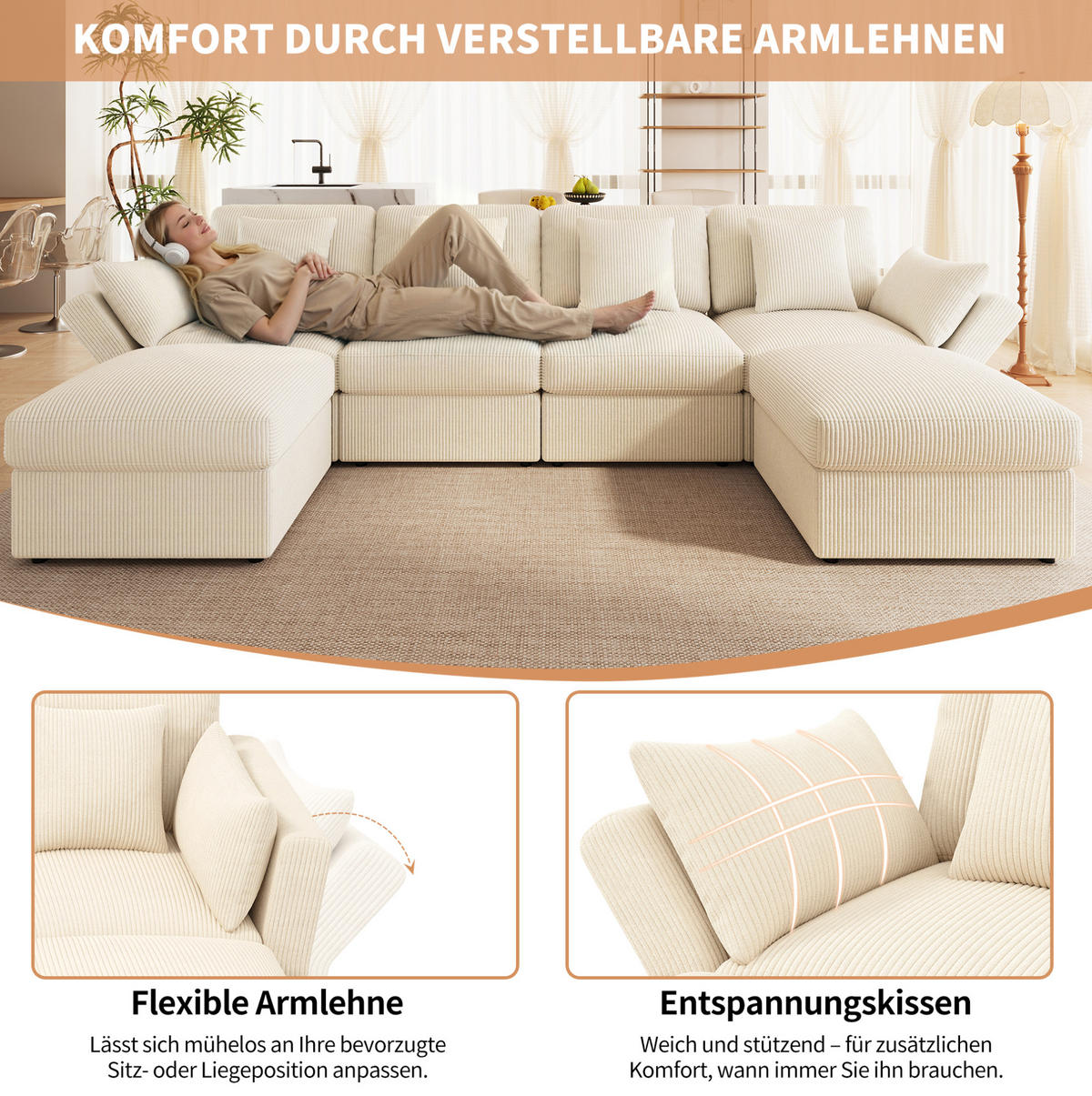 ECKSOFA 290/159,5/89 cm beige aus Cord mit verstellbaren Armlehnen und Hockern - Beige, Textil (159.5/290cm) - OKWISH