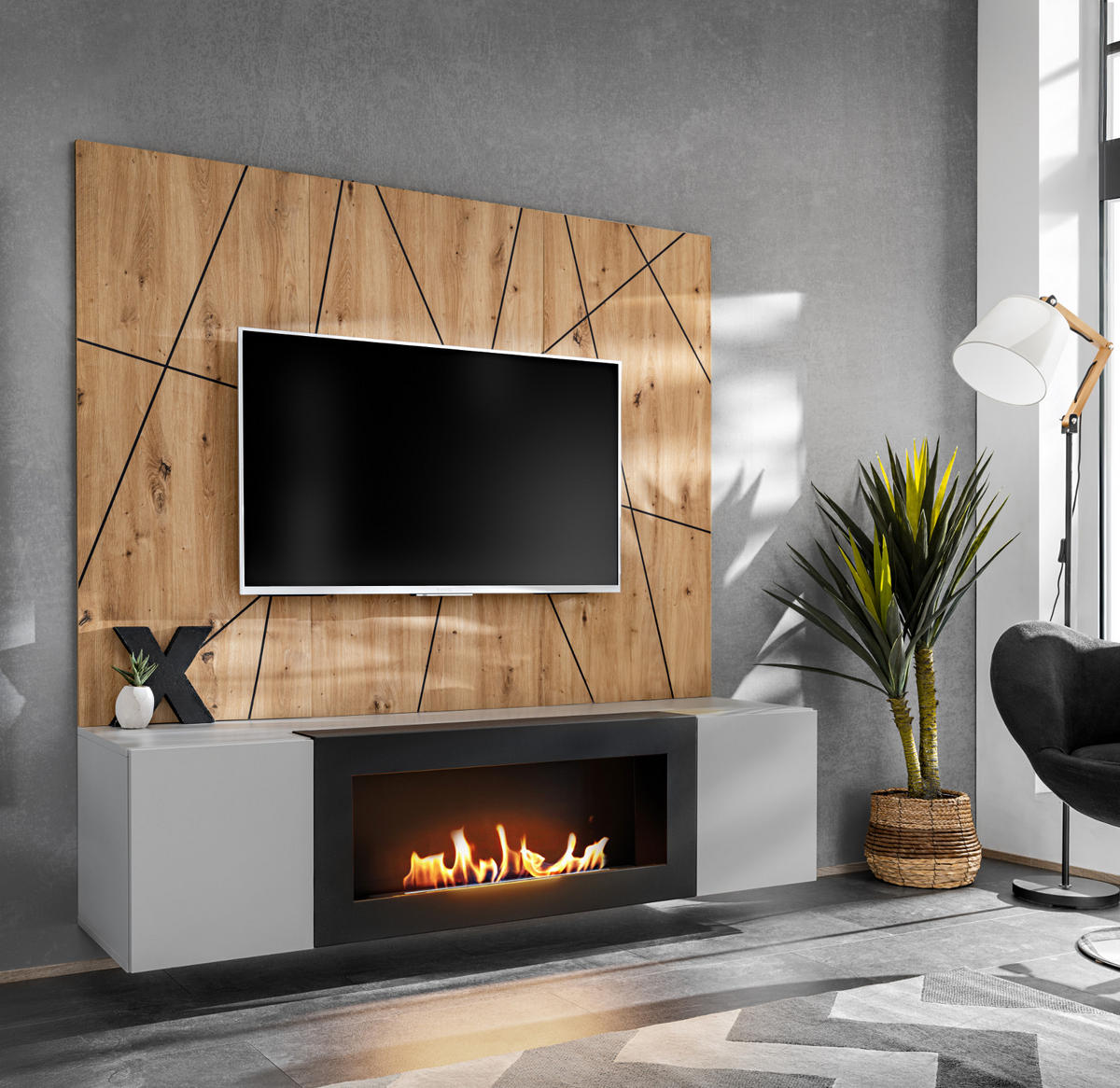 TV-LOWBOARD grau, Eiche Artisan, TV-Unterschrank 160 cm mit Ethanpol Kamin und Akustikpaneel - Hellgrau/Schwarz, Glas/Holzwerkstoff (160/148/35cm) - Inn.Furn