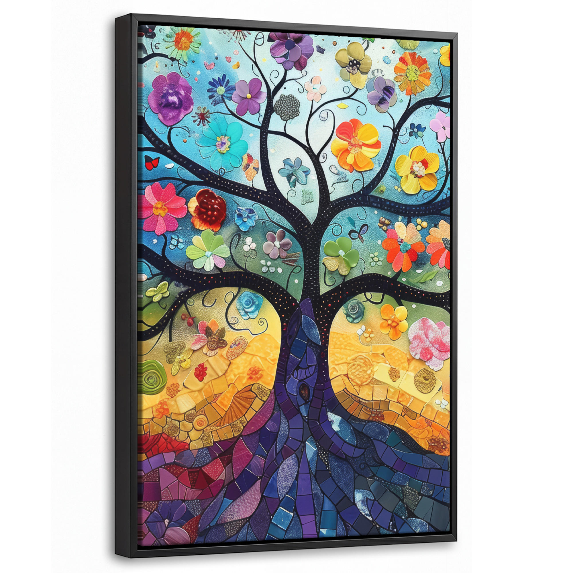 LEINWAND Bilder mit Rahmen - Kunst - Baum des Lebens - Blumen - Hippie - 40x60 - Dunkelblau, Textil (40/60cm) - MuchoWow