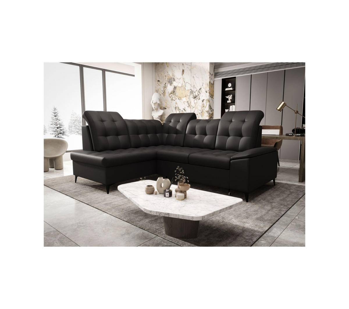 ECKSOFA KONGO RBN16, Eckcouch in L-Form mit Schlaffunktion, Farbe: Schwarz, Kunstleder, Ottomane Links - Schwarz, Textil (268/210cm) - O-Sofa
