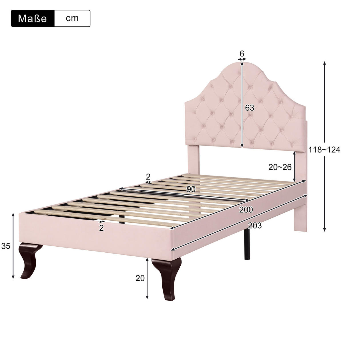 BETT mit verstellbarem Kopfteil 90x200 cm Samt Pink - Pink, Metall (90/200cm) - Meubliv