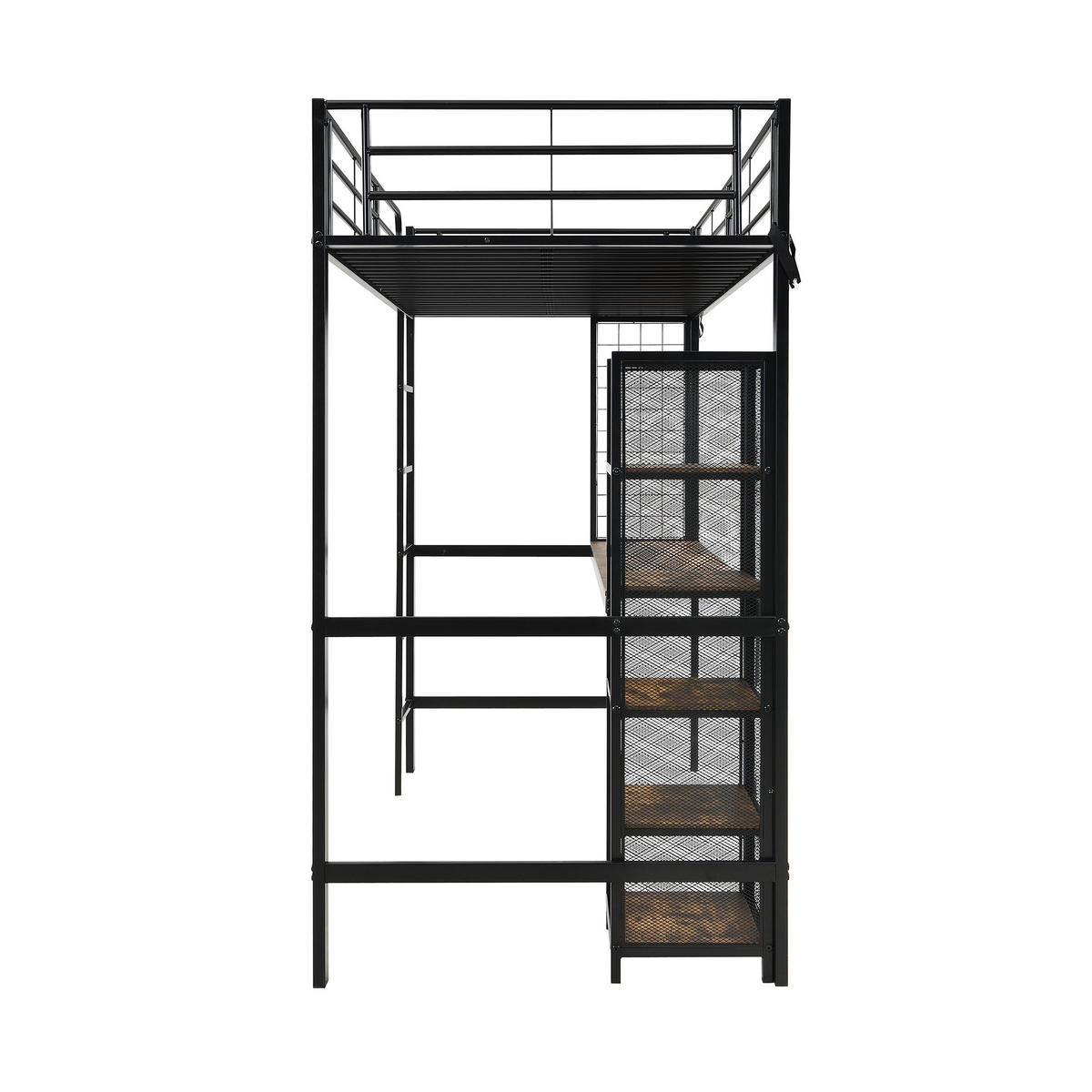 HOCHBETT 90/200 cm in Schwarz & Dunkler Holzfarbe mit Schreibtisch, Regal und Metallgitter - Schwarz, Holz/Metall (90/200cm) - STILVORA