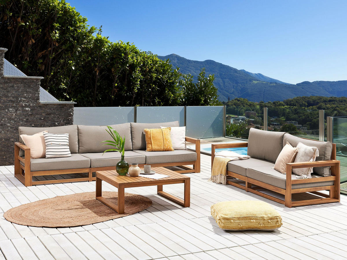 LOUNGE-SET 5-sitzer zertifiziertes hellbraun Auflagen taupe Timor II - Taupe, Holz - Beliani
