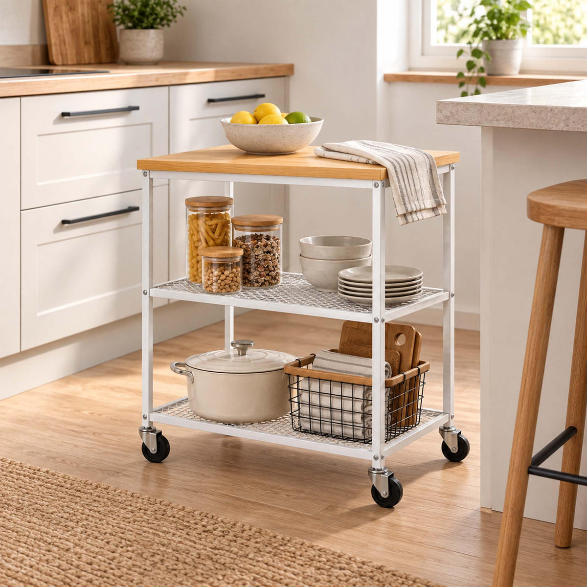 KÜCHENWAGEN Hellbraun Weiß 3 Ebenen Rollen - Weiß, Holzwerkstoff/Metall (40/77.5/60cm) - Relaxdays