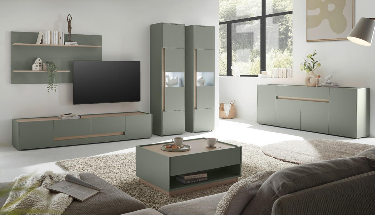 TV-LOWBOARD in Salbei Grün und Eiche, XXL Flat-TV Unterschrank mit Stauraum, Breite 223 cm - Salbeigrün/Eichefarben, Holz/Holzwerkstoff (223/40/45cm) - Furn.Design