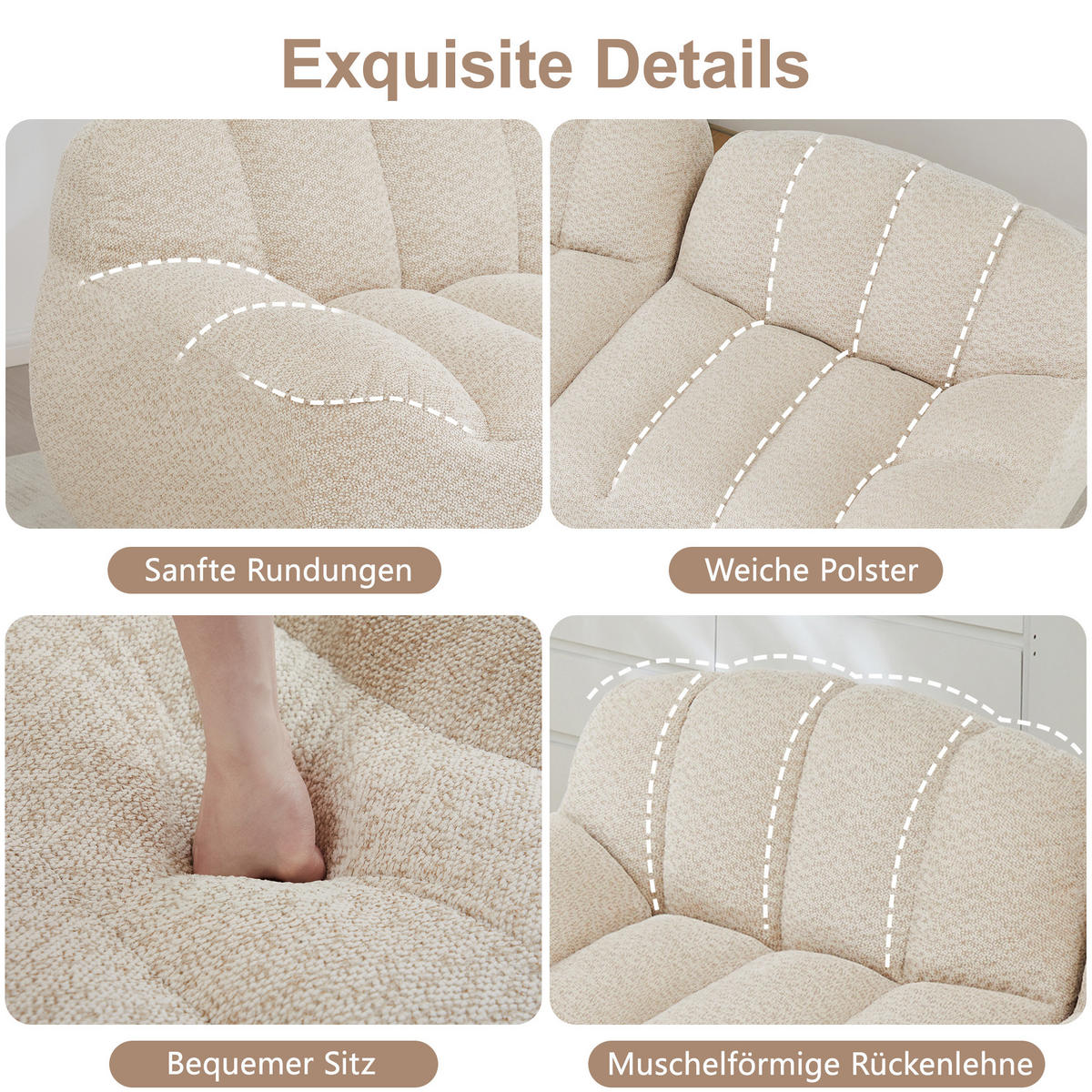 MODULARES Sofa aus granuliertem Fleece in Beige-Weiß 288x165x79 cm mit Ottoman und flexibler Aufstellung - Creme, Textil (165/288cm) - IVMEU