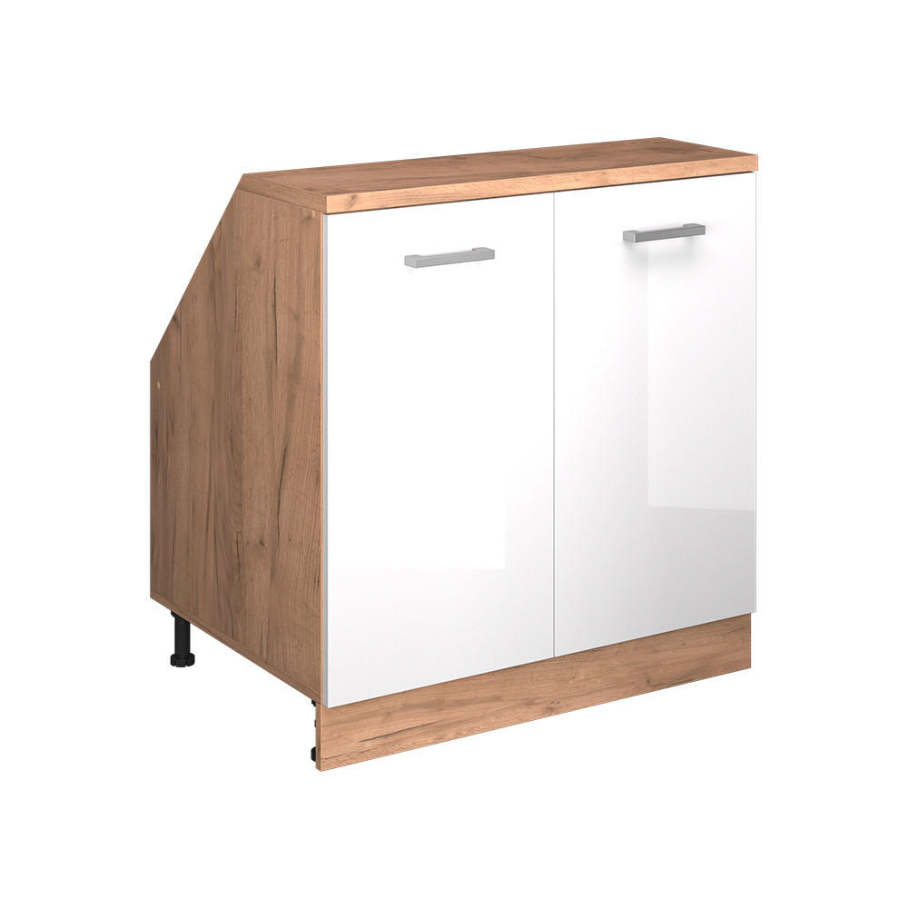 KÜCHENSCHRANK FÜR DACHSCHRÄGEN R-Line Weiß Hochglanz 80 cm mit 2 Türen, Schrankkorpus 60 cm Tiefe - Honigeiche/Weiß Hochglanz, Holzwerkstoff (80/83.8/60cm) - Vicco