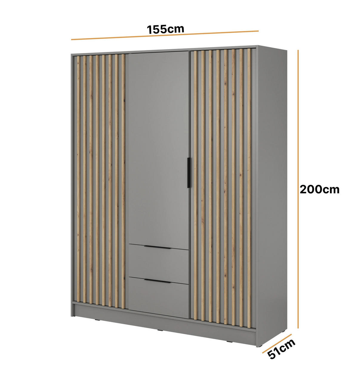 KLEIDERSCHRANK Stilo in Grau, dreitürig, mit Spiegel und Lamellen an der Front - Schwarz/Eiche Artisan, Leder/Holzwerkstoff (155/200/51cm) - Ravio