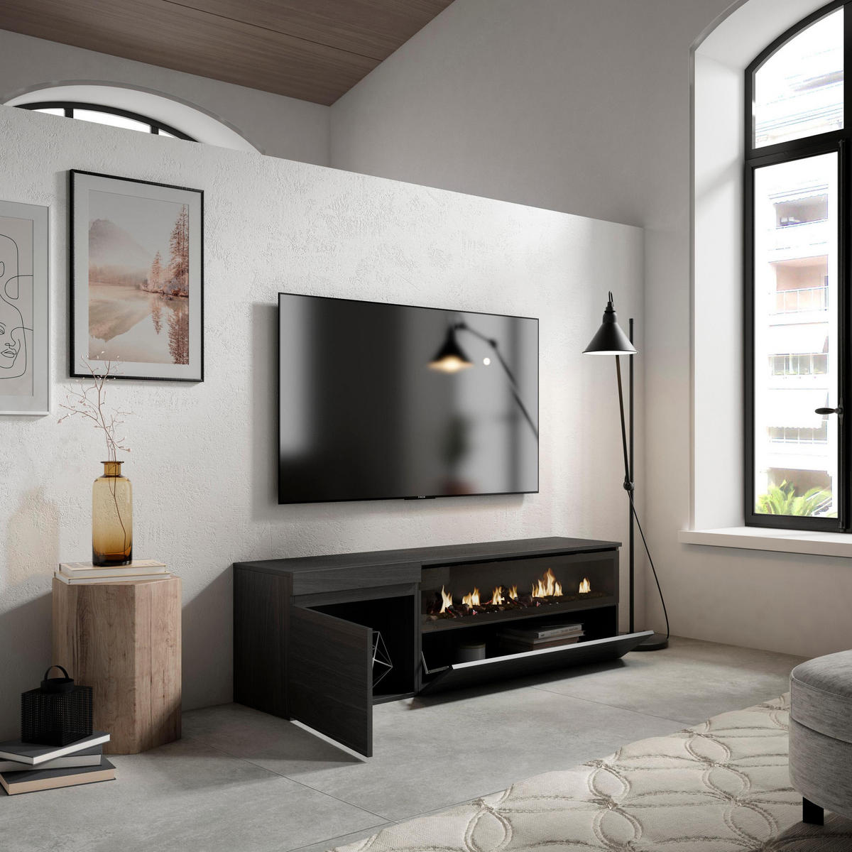 TV-SCHRANK schwarz, mit Elektrokamin, 150/35/45cm - Anthrazit/Schwarz, Holzwerkstoff (150/45/35cm) - Skraut Home