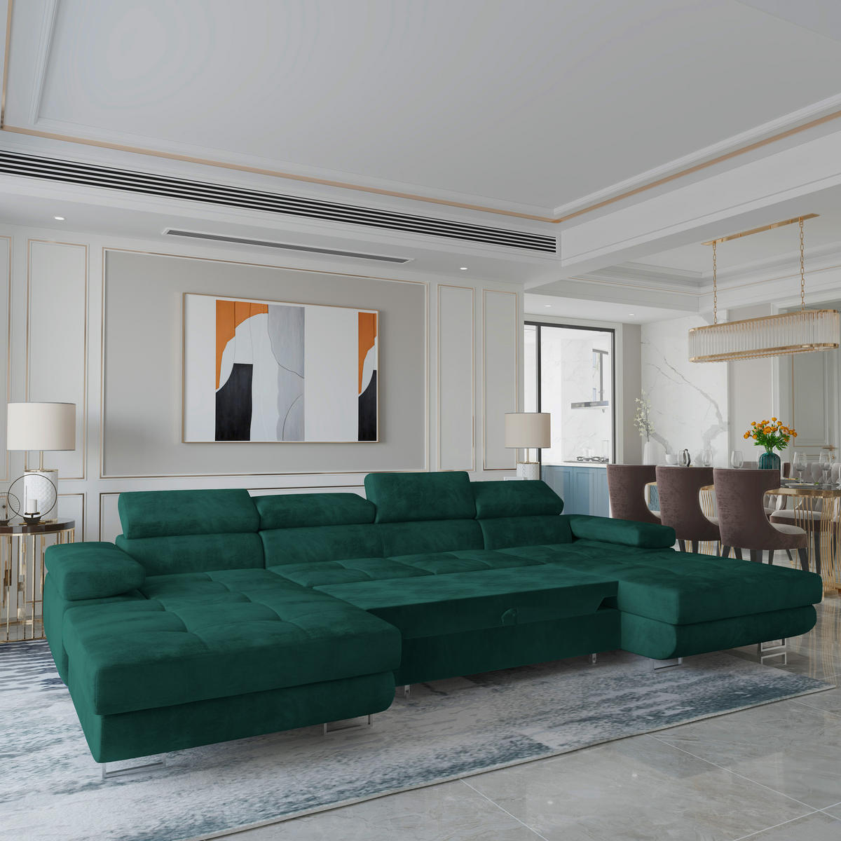 WOHNLANDSCHAFT LYKKE Grün Velours-Stoff mit Schlaffunktion - Grün, Holz (353/90/202cm) - MASSENO