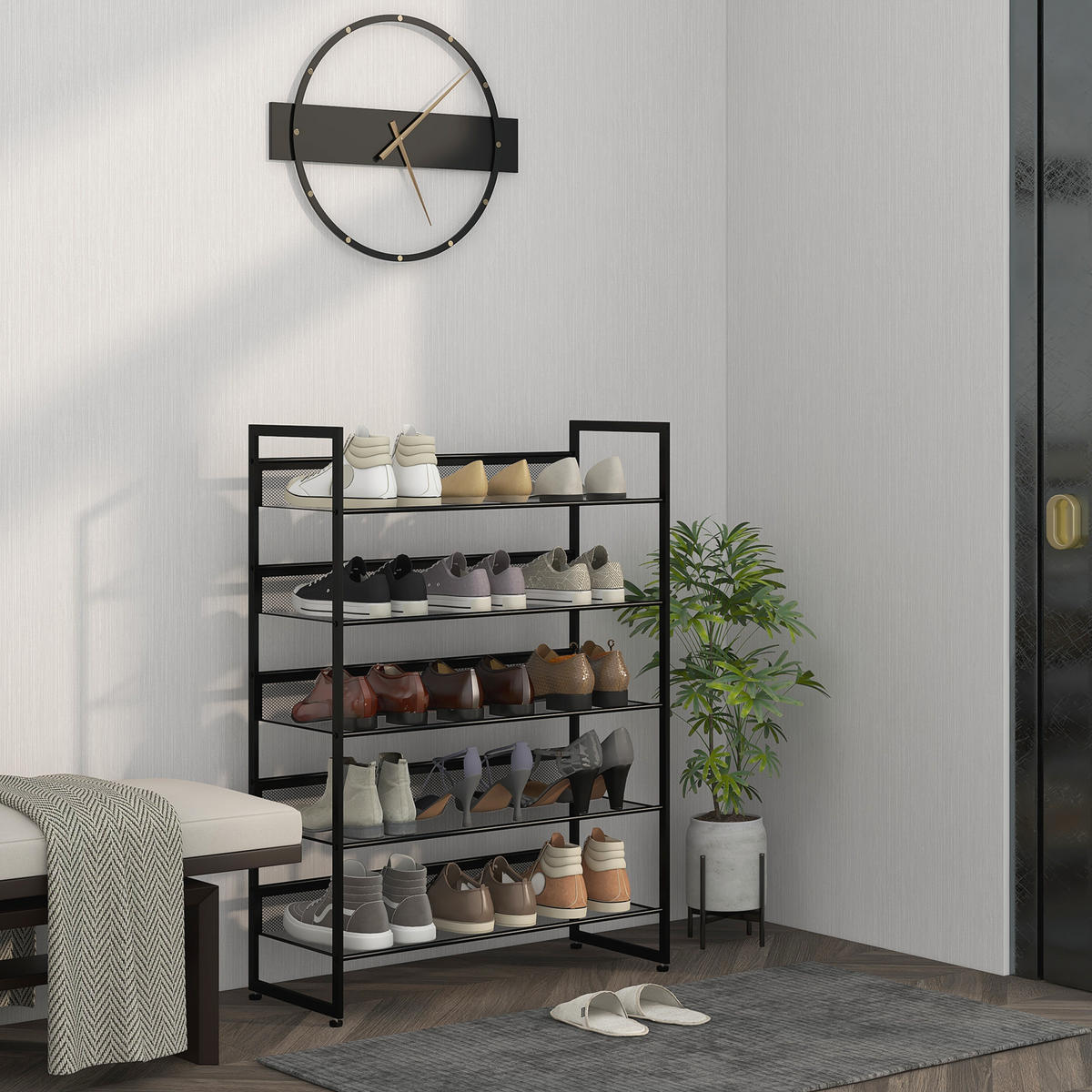 SCHUHREGAL, für max. 15 Paar Schuhe, Stahl, 72 x 30 x 102 cm, Schwarz - Schwarz, Metall (30/102/72cm) - HOMCOM