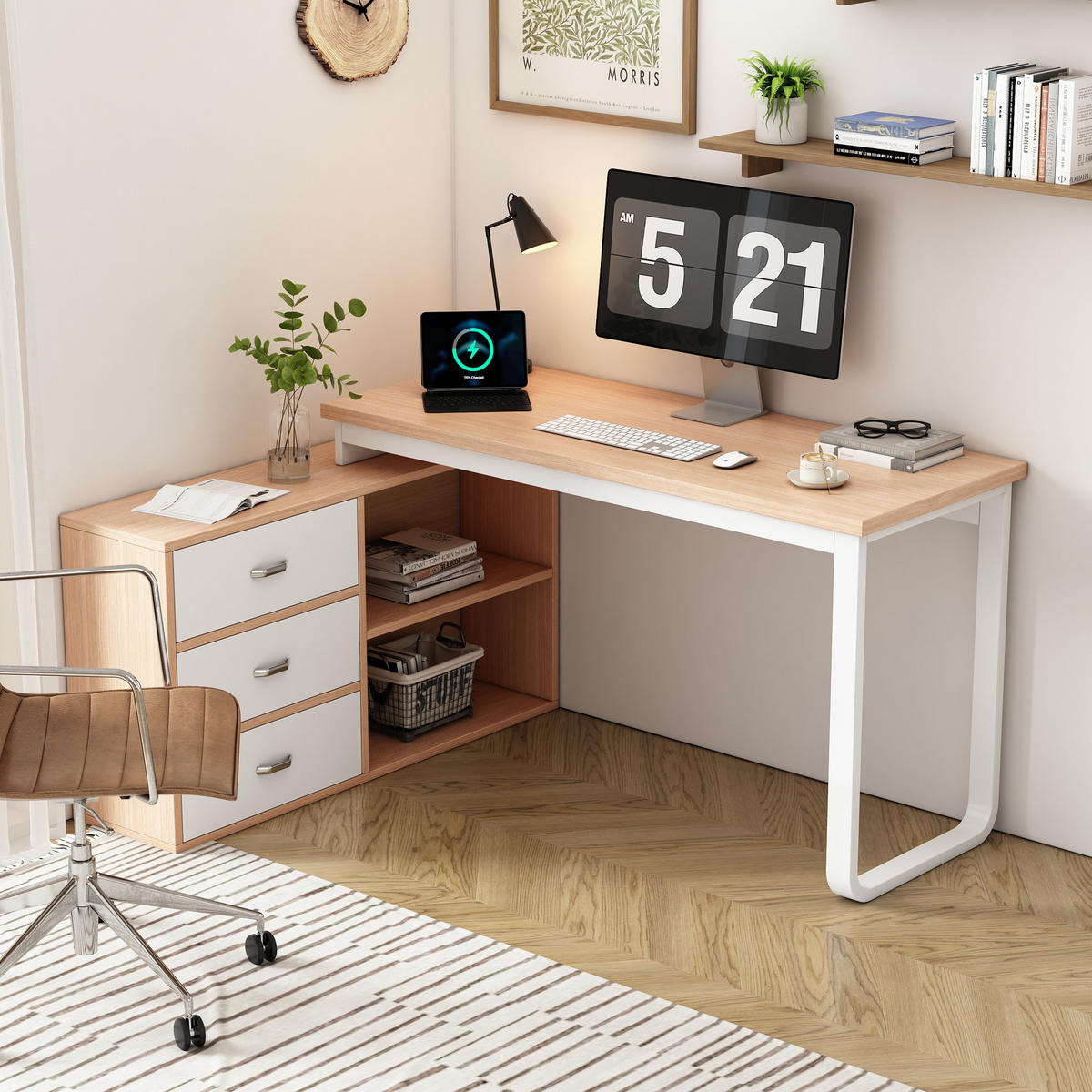 SCHREIBTISCH Naturfarben 147/100/75,3 cm mit 3 Schubladen und 2 offenen Fächern - Naturfarben, Holzwerkstoff (100/147/75.3cm) - PANGIVO