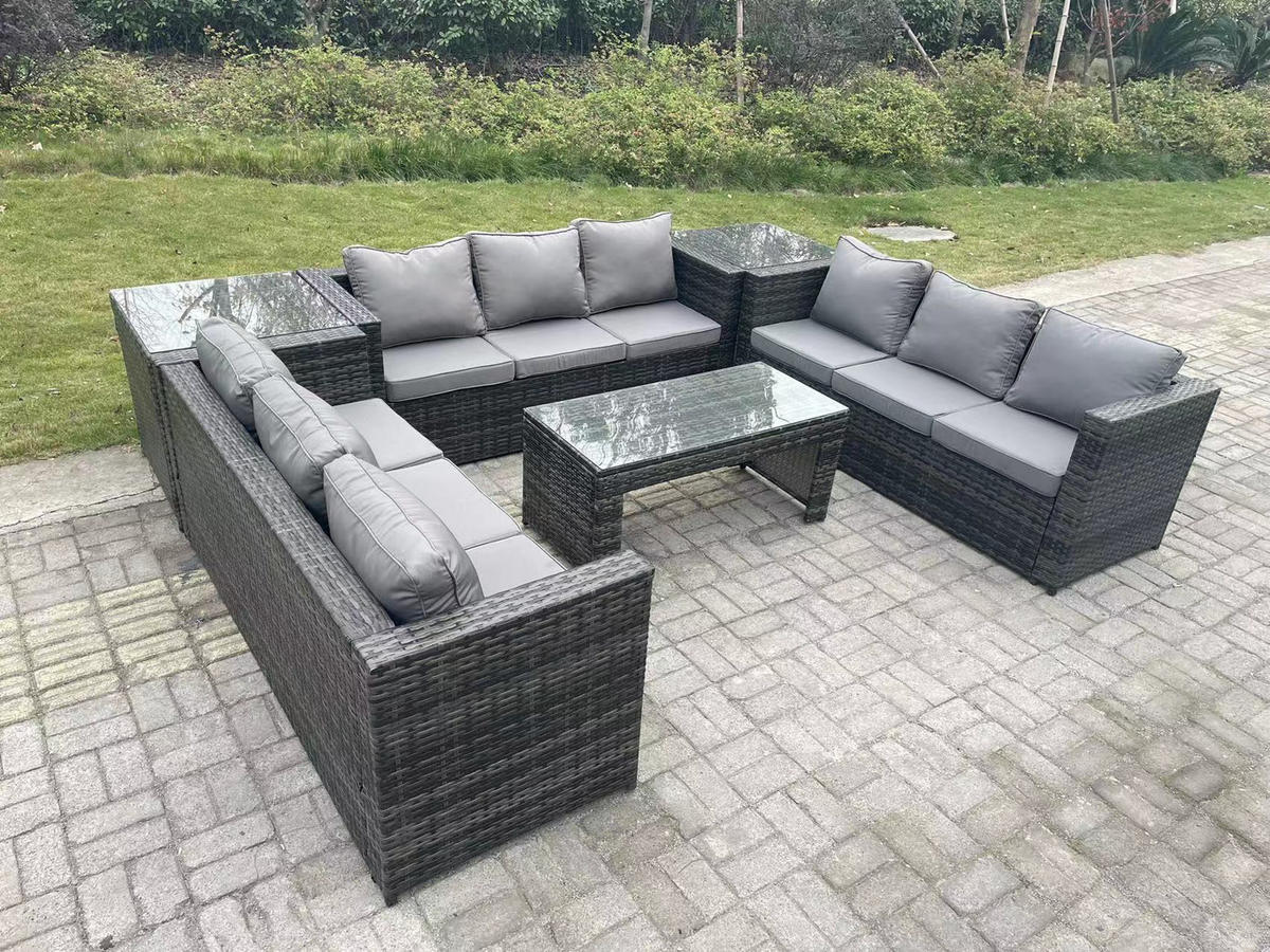 LOUNGESOFA Polyrattan 9-Sitzer - Dunkelgrau/Grau, Glas/Kunststoff - Fimous