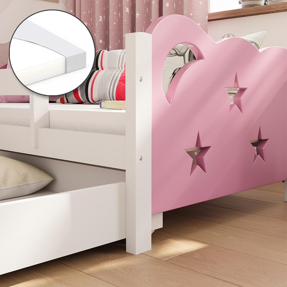 KINDERBETT Jessica Rosa/Weiß 70x140 cm mit Schublade und Matratze - Pink/Weiß, Holzwerkstoff (146/53/76cm) - VitaliSpa