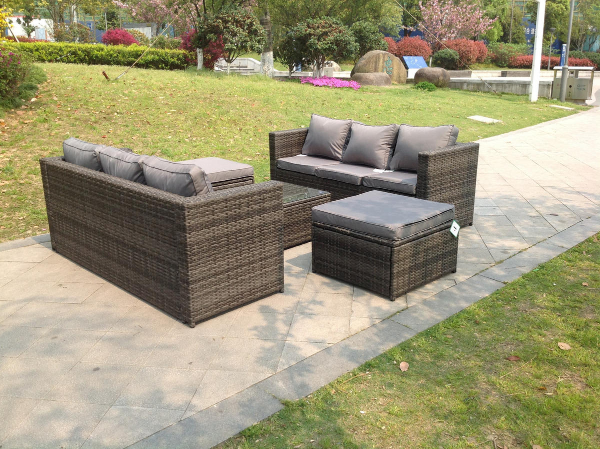 GARTENSET Polyrattan 8-Sitzer - Dunkelgrau/Grau, Glas/Kunststoff - Fimous
