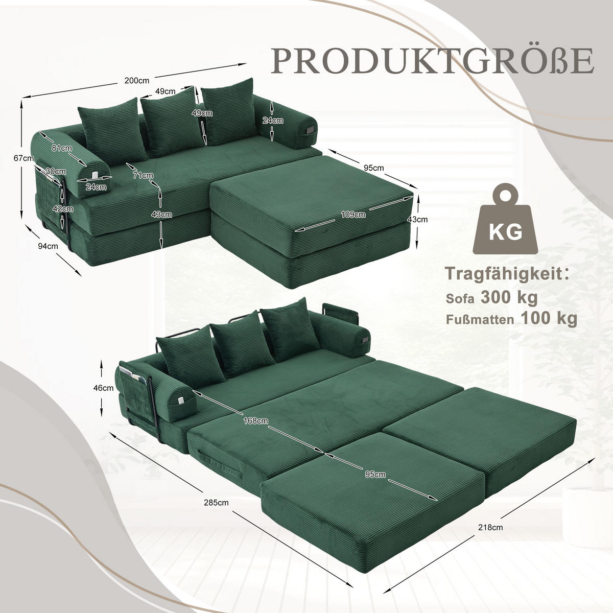 ECKSOFA Cord Smaragdgrün mit Hocker und Kissen - Smaragdgrün, Textil/Metall (218/285cm) - WISHDOR