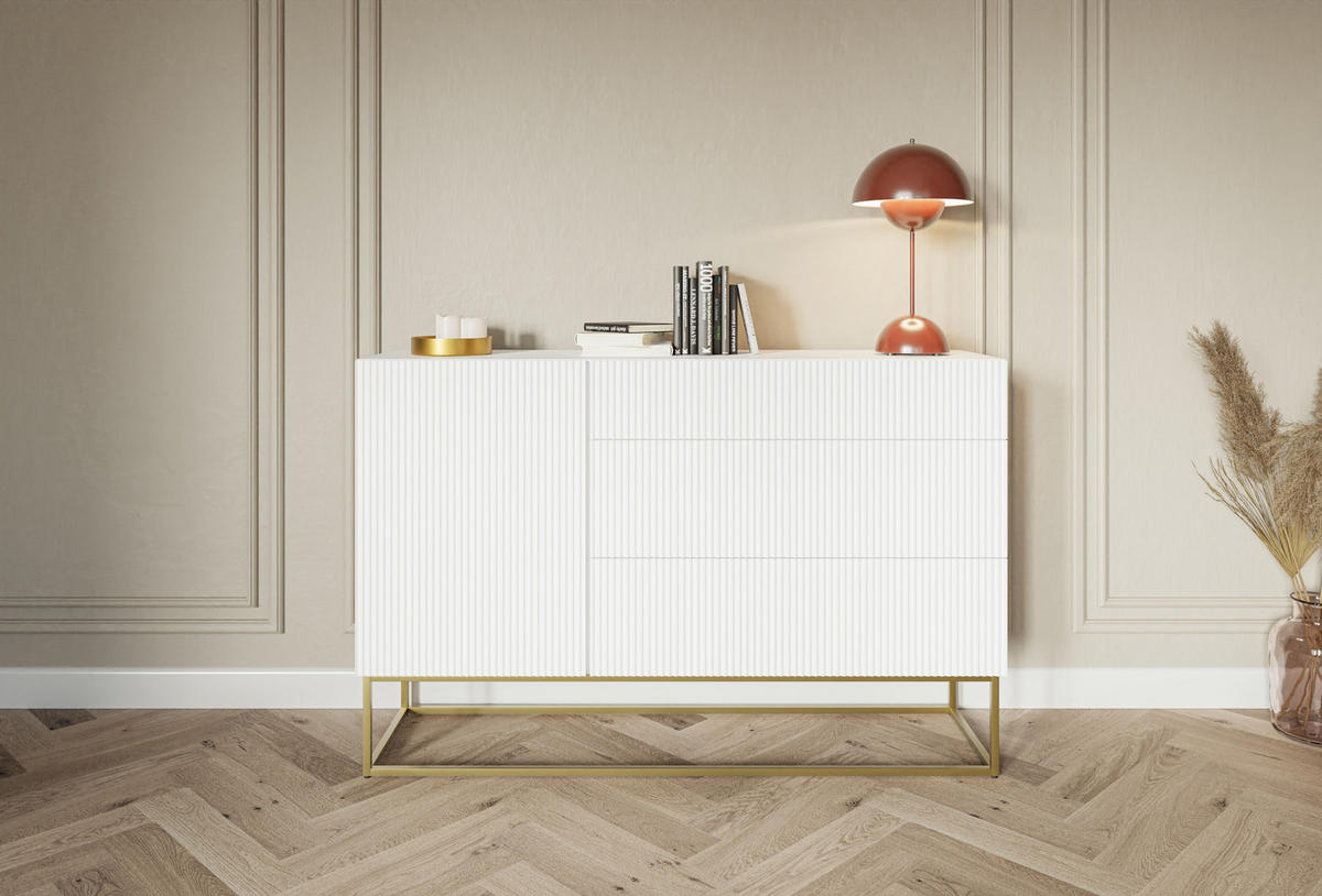SIDEBOARD Veldio Weiß mit 3 Schubladen 140 cm - Goldfarben/Weiß, Holzwerkstoff/Metall (140/90/38cm) - Selsey