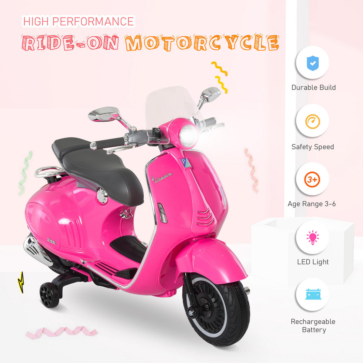 ELEKTRO-MOTORRAD für Kinder mit MP3-Musik, 3-6 Jahre, Kunstleder, Metall, 108 x 49 x 75 cm, Rosa - Rosa, Kunststoff/Metall (108/49/75cm) - HOMCOM