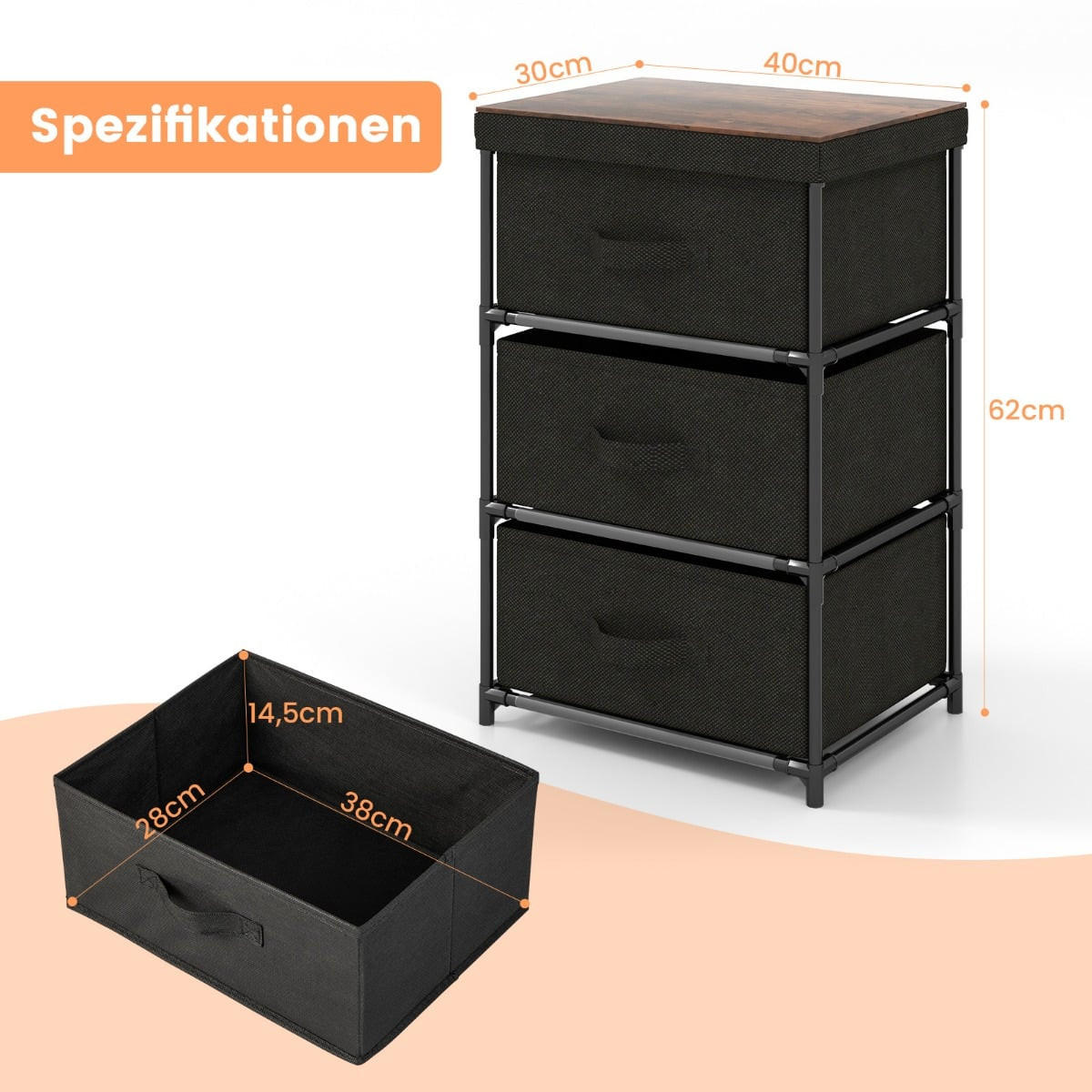 NACHTTISCH mit 3 Stoffschubladen, Metallrahmen, 40 x 30 x 62 cm, Schwarz, 2er-Set - Schwarz, Textil (40/62/30cm) - DESIGN IN