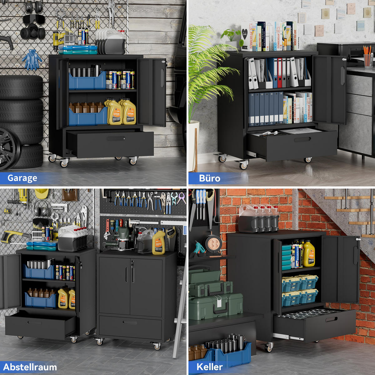 WERKZEUGSCHRANK Metall mit Rollen 101,5x76x51 cm – Heavy Duty, großer Stauraum, Werkstattwagen für Garage, Büro & Haushalt, Schwarz/Grau - Schwarz, Metall (76/51/101.5cm) - Ej. Life