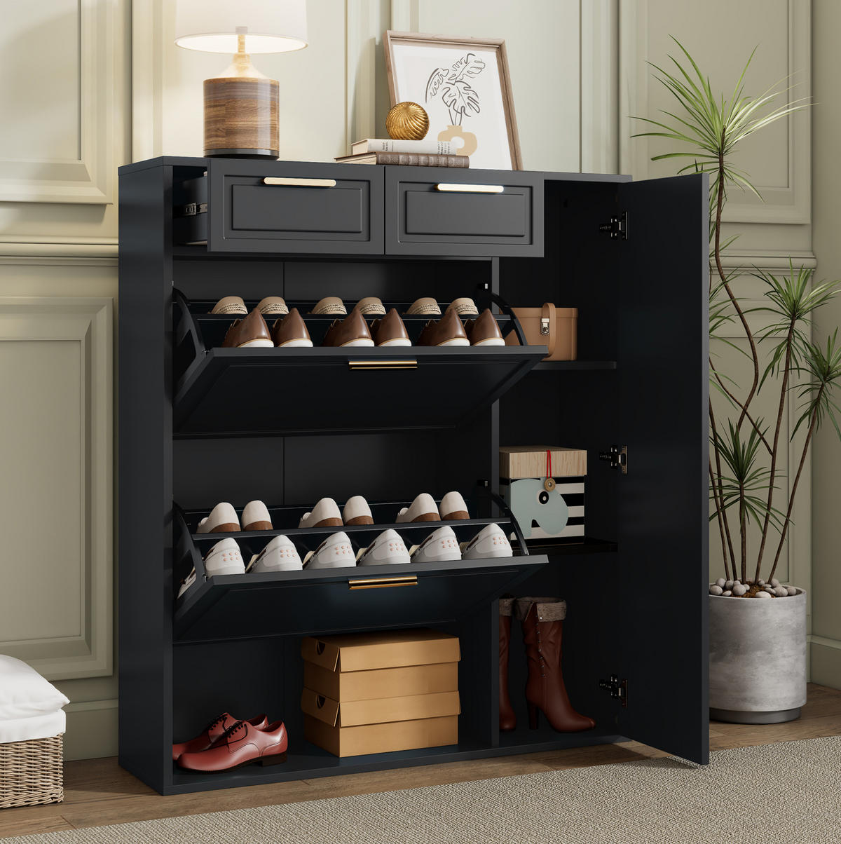 SCHUHSCHRANK mit Schubladen und verstellbaren Regalen 95 x 24 x 107 cm Schwarz - Schwarz, Holzwerkstoff (24/107/95cm) - Beauniv