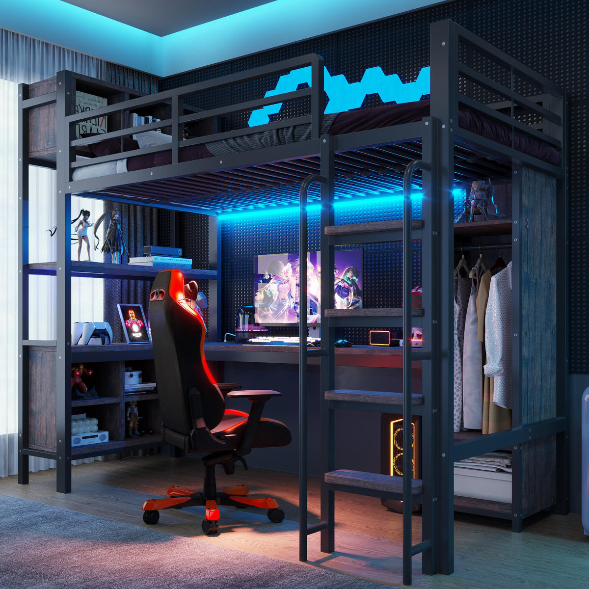HOCHBETT 90/200 cm in Schwarz mit Schreibtisch, Kleiderschrank, Ablagefächern, LED und Steckdosen Metallbett - Schwarz, Holzwerkstoff/Metall (90/200cm) - STILVORA