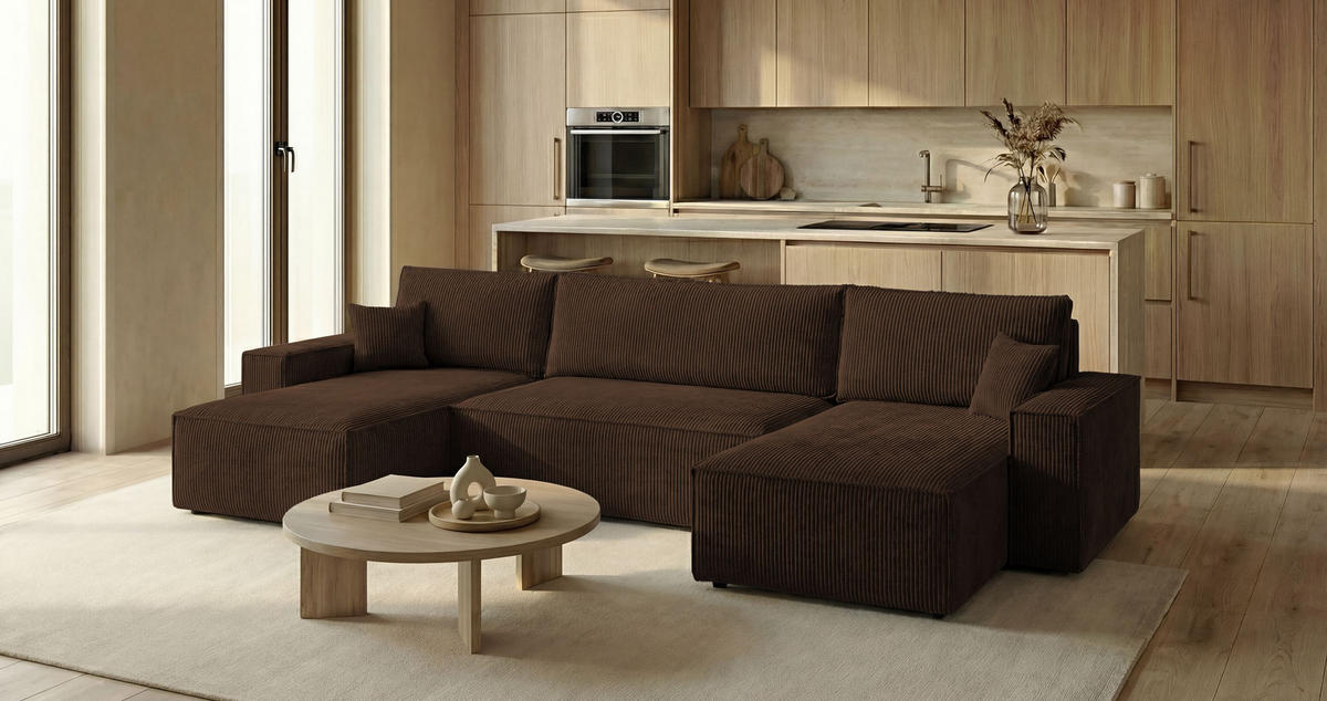 SEDACÍ souprava CALIFORNIA MINI tvar U hnědá manšestr Poso 6 - funkce spaní, úložný prostor - hnědá, textil (312/85/142cm) - Cornero