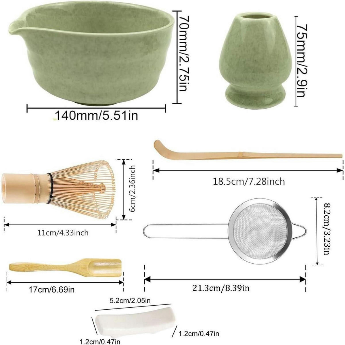 TEEZUBEHÖR 7-teiliges Set Matcha Schale mit Ausguss und Bambusbesen - Grün, Keramik (12.5/1.5/14cm)