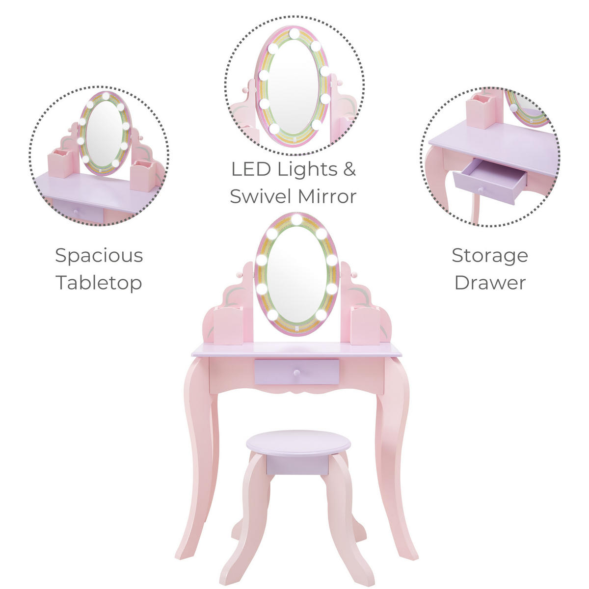 SCHMINKTISCH Kinder mit LED-Spiegel und Hocker, 99cm, Rosa - Pink, Holzwerkstoff (29/99/60cm) - Teamson Kids