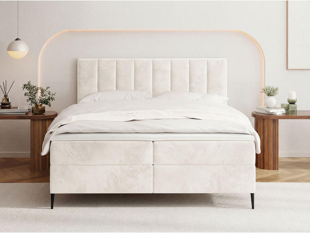BOXBETT Allen mit Bettkasten, Samt Creme 120x200 cm – inkl. H4 Taschenfederkern Matratze & Foam Topper - Beige/Creme, Holz/Holzwerkstoff (120/200cm) - WFL GROUP