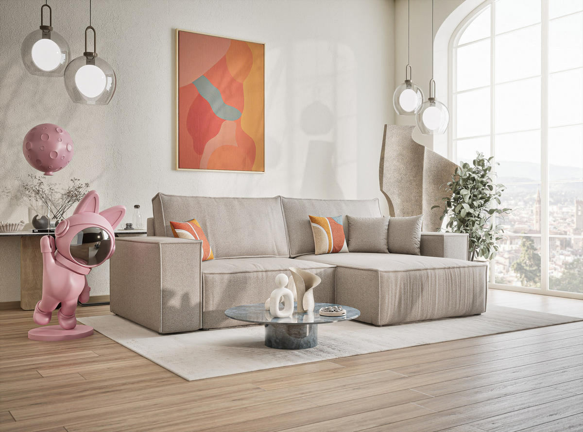 ECKSOFA MIT SCHLAFFUNKTION Zaya Seidengrau Webstoff - Beige/Schwarz, Holz/Holzwerkstoff (255/148cm) - Maison de Reve