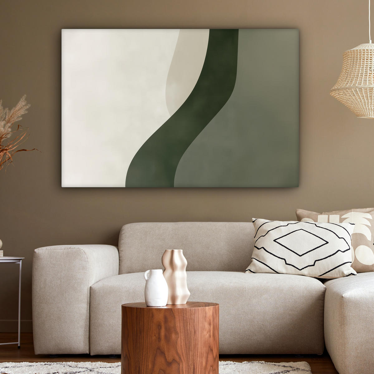 LEINWANDBILD Japandi - Grün - Abstrakt - Modern XXL 150x100 cm - Salbeigrün, Textil (150/100cm) - MuchoWow