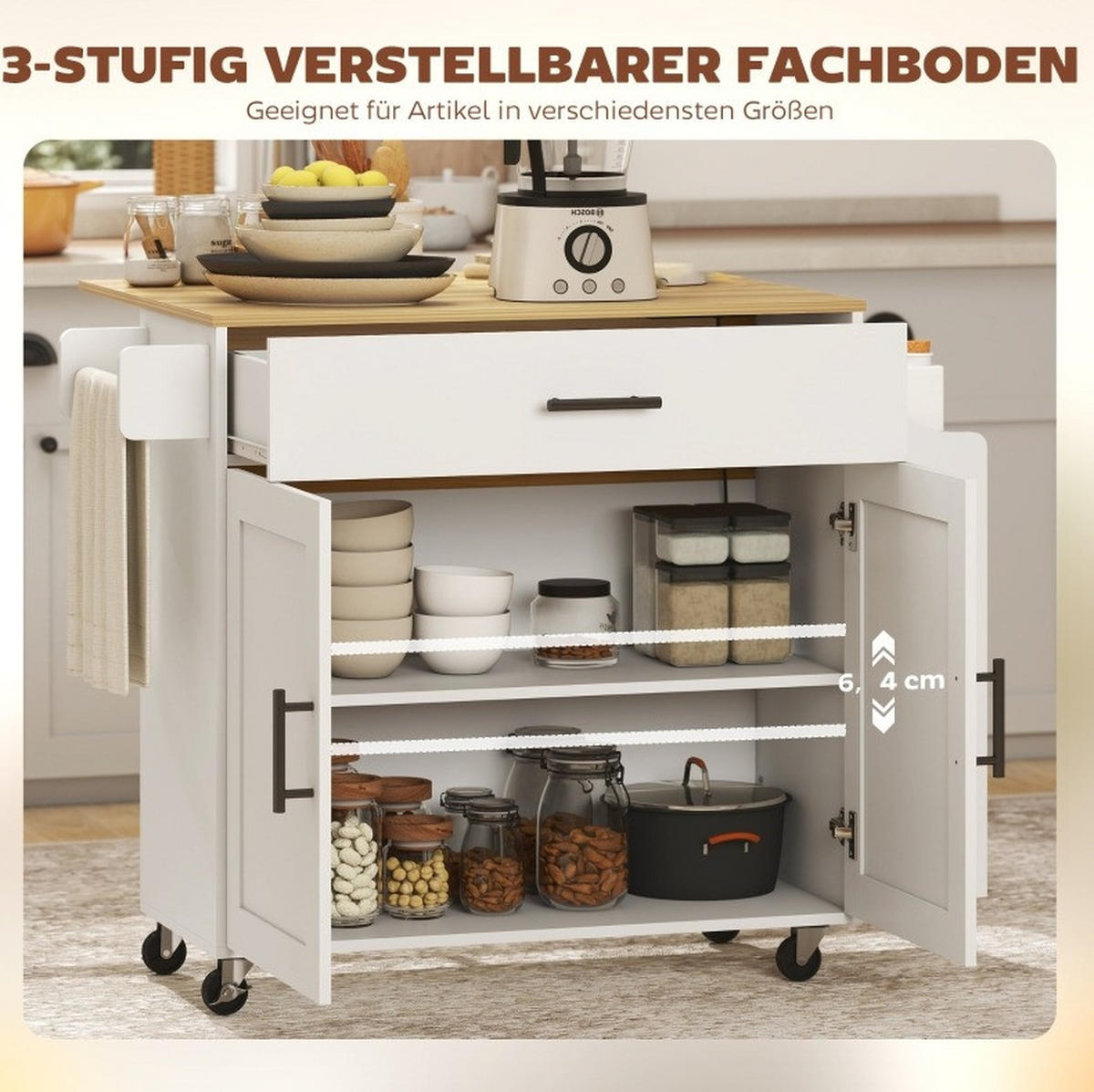 KÜCHENINSEL 120/68/85 cm weiß aus Holz mit klappbarer Arbeitsplatte - Weiß, Holz (120/85/68cm) - OKWISH