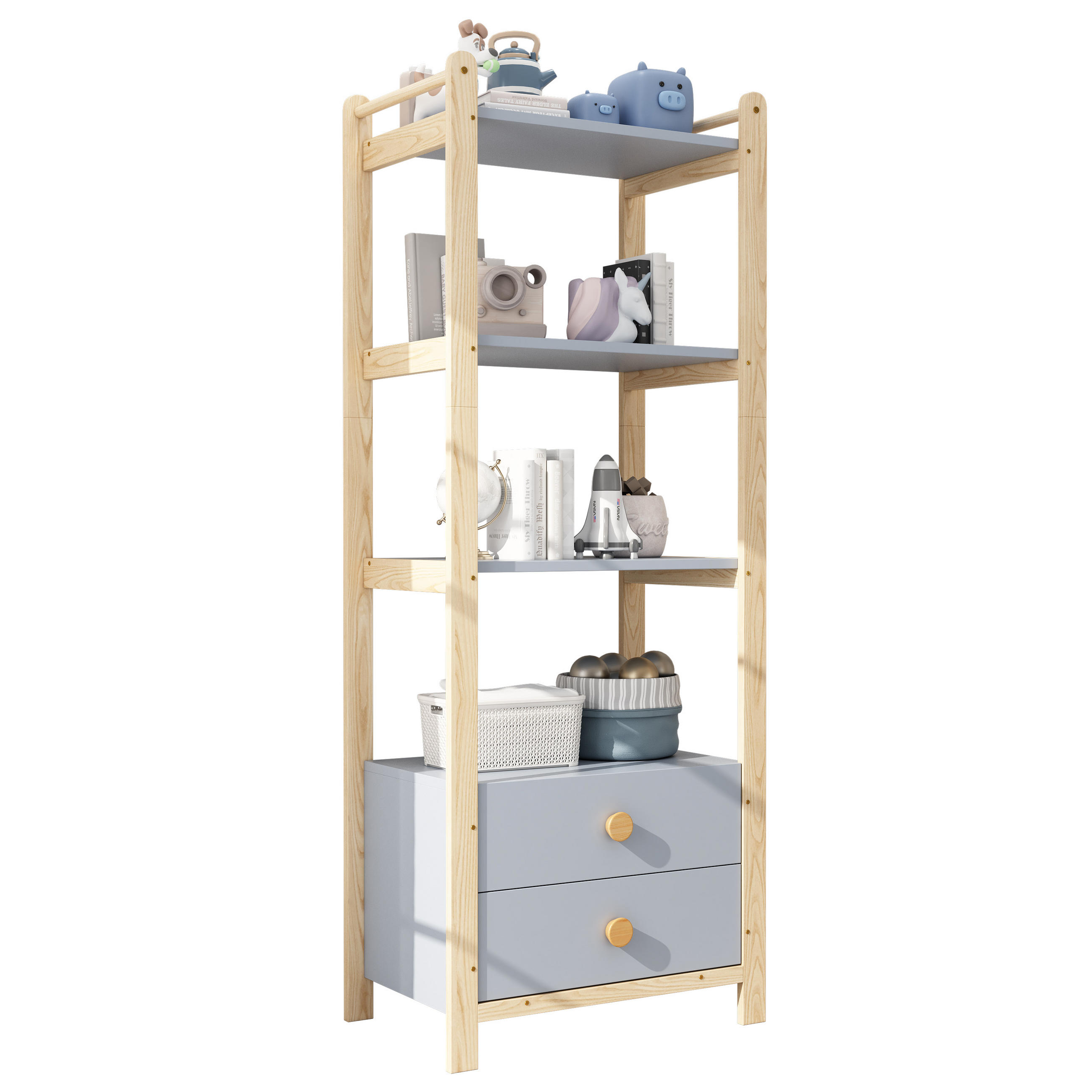 STANDREGAL 70x44x180cm Blau + Natur Kiefer 4 Ebenen 2 Schubladen - Multicolor, Holz (44/180/70cm) - FLIEKS