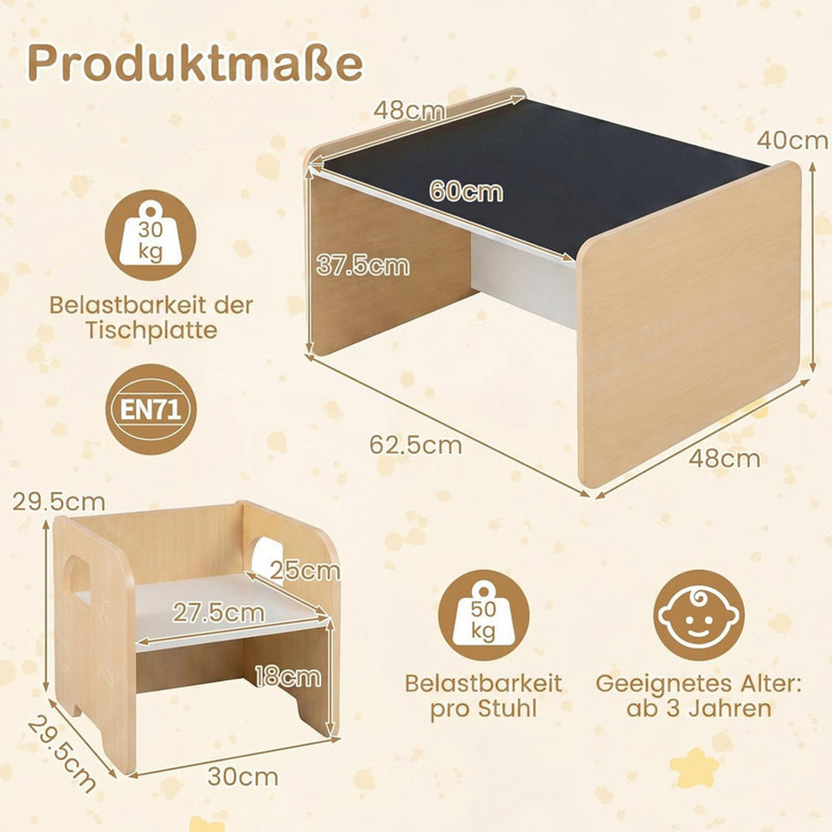 KINDERTISCH mit Stuhl natur(3-tlg) - Naturfarben, Holzwerkstoff (62.5/40/48cm) - COSTWAY