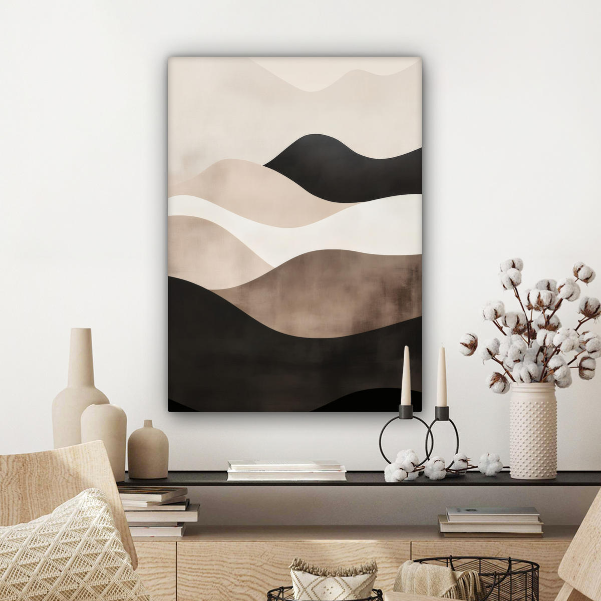 LEINWANDBILD Abstrakt - Landschaft - Wellen - Cremefarben Wandbild Wohnzimmer 60x80 cm - Cappuccino, Textil (60/80cm) - MuchoWow