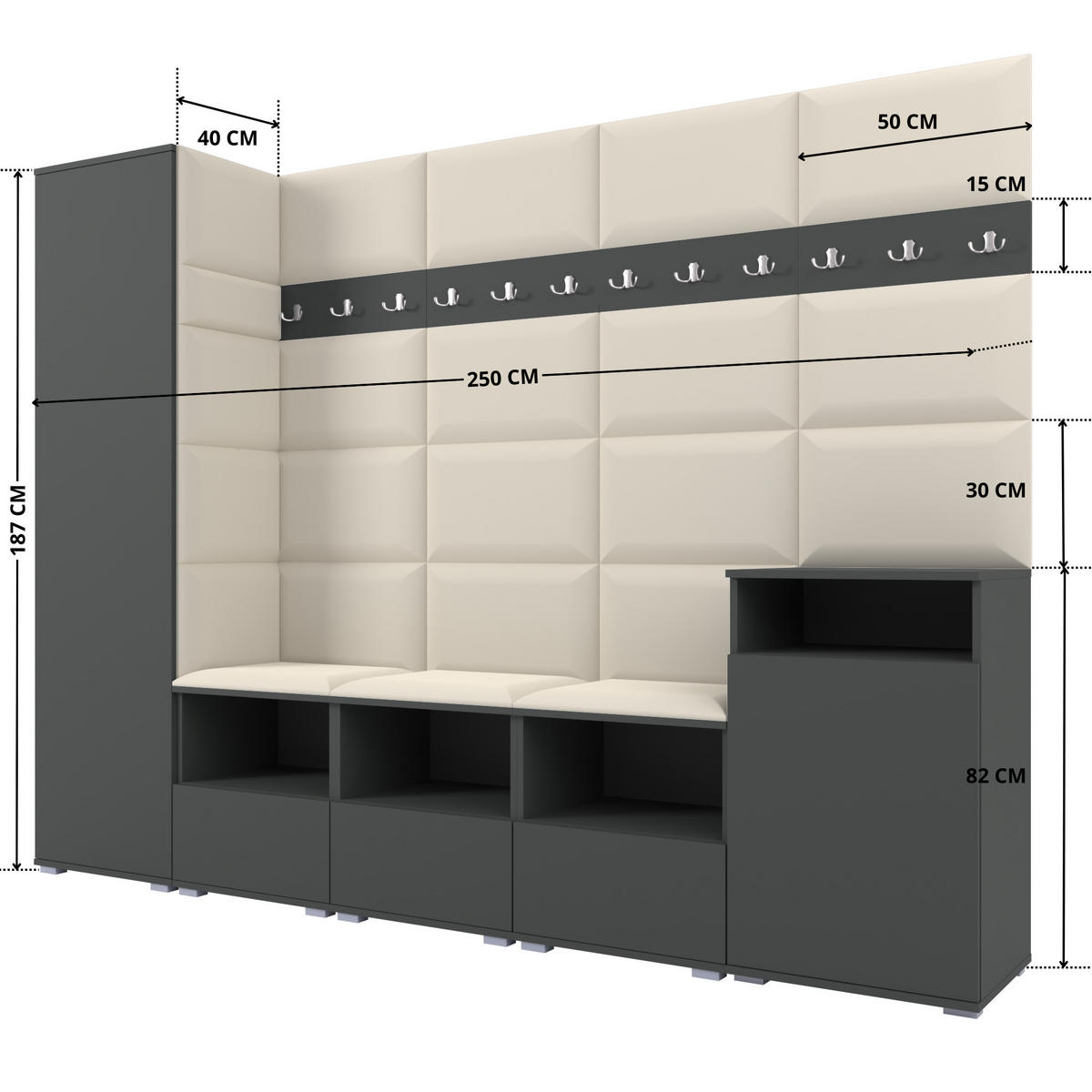 GARDEROBE NELA XI 250 cm (Modulare Flurmöbel Graphit mit Sitzpolster Creme 01 Großes Set) - Silberfarben/Creme, Holz/Holzwerkstoff (250/187/40cm) - Ravio