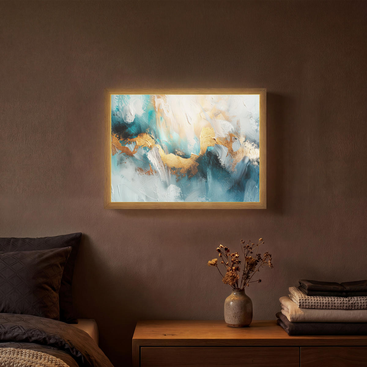 NÁSTĚNNÁ LAMPA S AKUMULÁTOREM Abstraktní - umění - zlatá - modrá 40x30 cm - tyrkysová, kompozitní dřevo (40/30/8cm) - OnlyWow