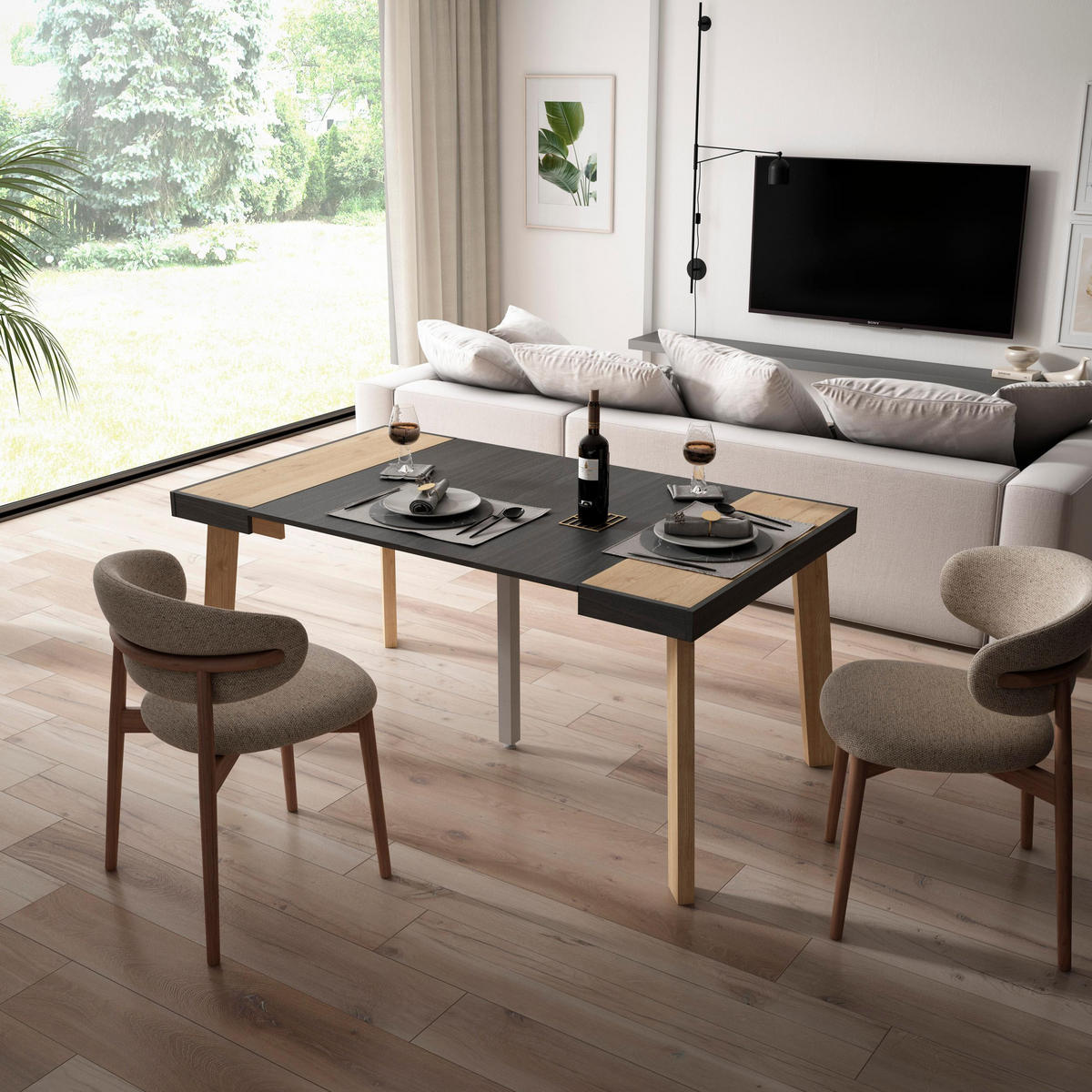 KONSOLENTISCH ausziehbar 58 bis 160cm, für 8 Gäste, eiche, schwarz, 90/58/73cm - Eichefarben/Schwarz, Holzwerkstoff (90/160/73cm) - Skraut Home