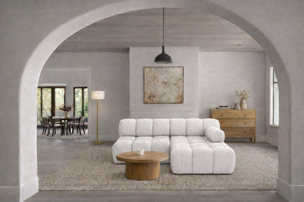 ECKSOFA L-Form Mini II Modular, Bouclé-Stoff Abriamo, Ecru, Rechts, Selia - Ecru, Holz (190/160cm) - Kaiser Möbel