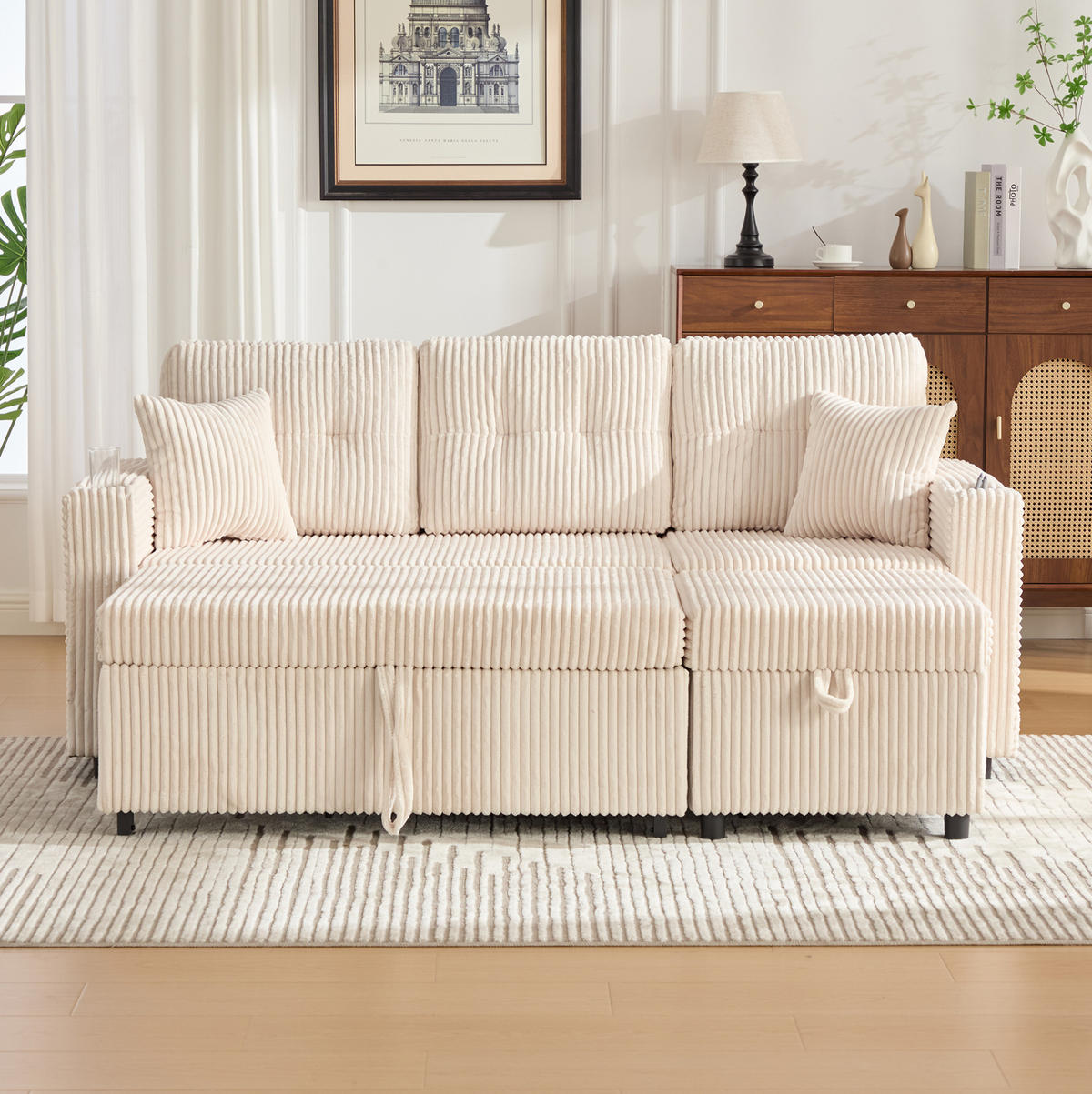 SCHLAFSOFA aus Cord 196x82-144x85 cm Beige mit Stauraum, USB-C, LED-Beleuchtung, Getränkehaltern und Ausziehfunktion - Beige, Textil (82/85/196cm) - Modfu
