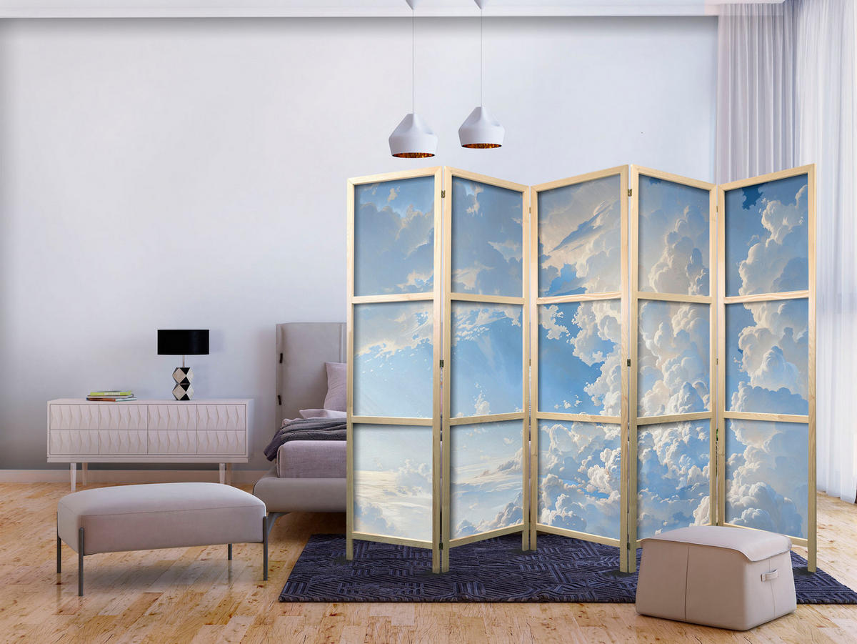 PARAVÁN Japonský 5-dielny 225x172 cm Oblaky - modrá, drevo/textil (225/172/3cm) - Muralo