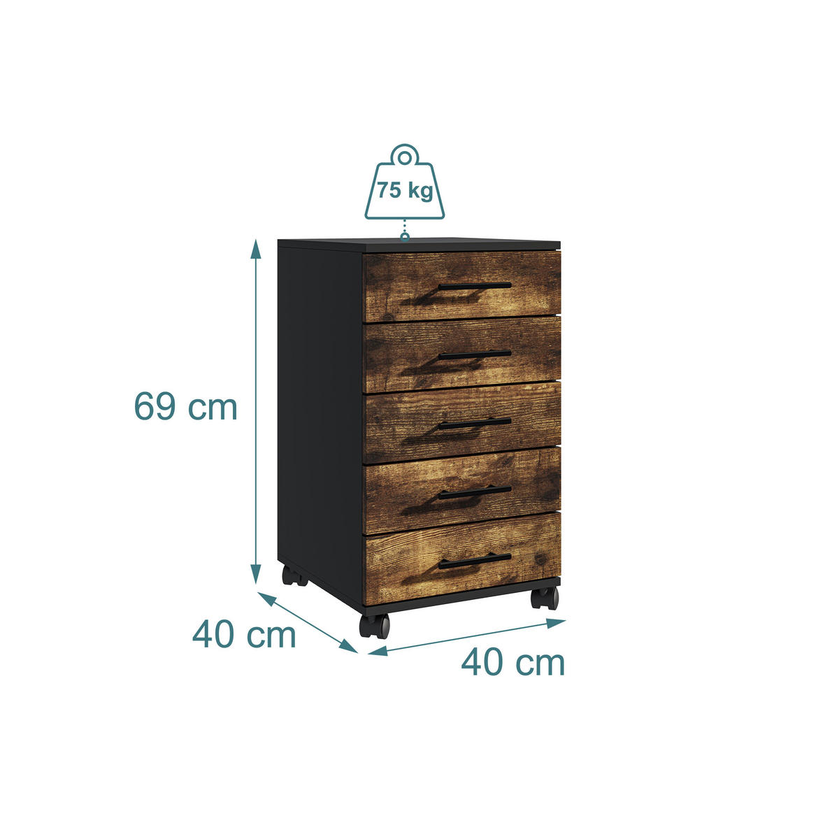 ROLLCONTAINER - Schwarz, Holzwerkstoff/Kunststoff (40/69/40cm) - Relaxdays