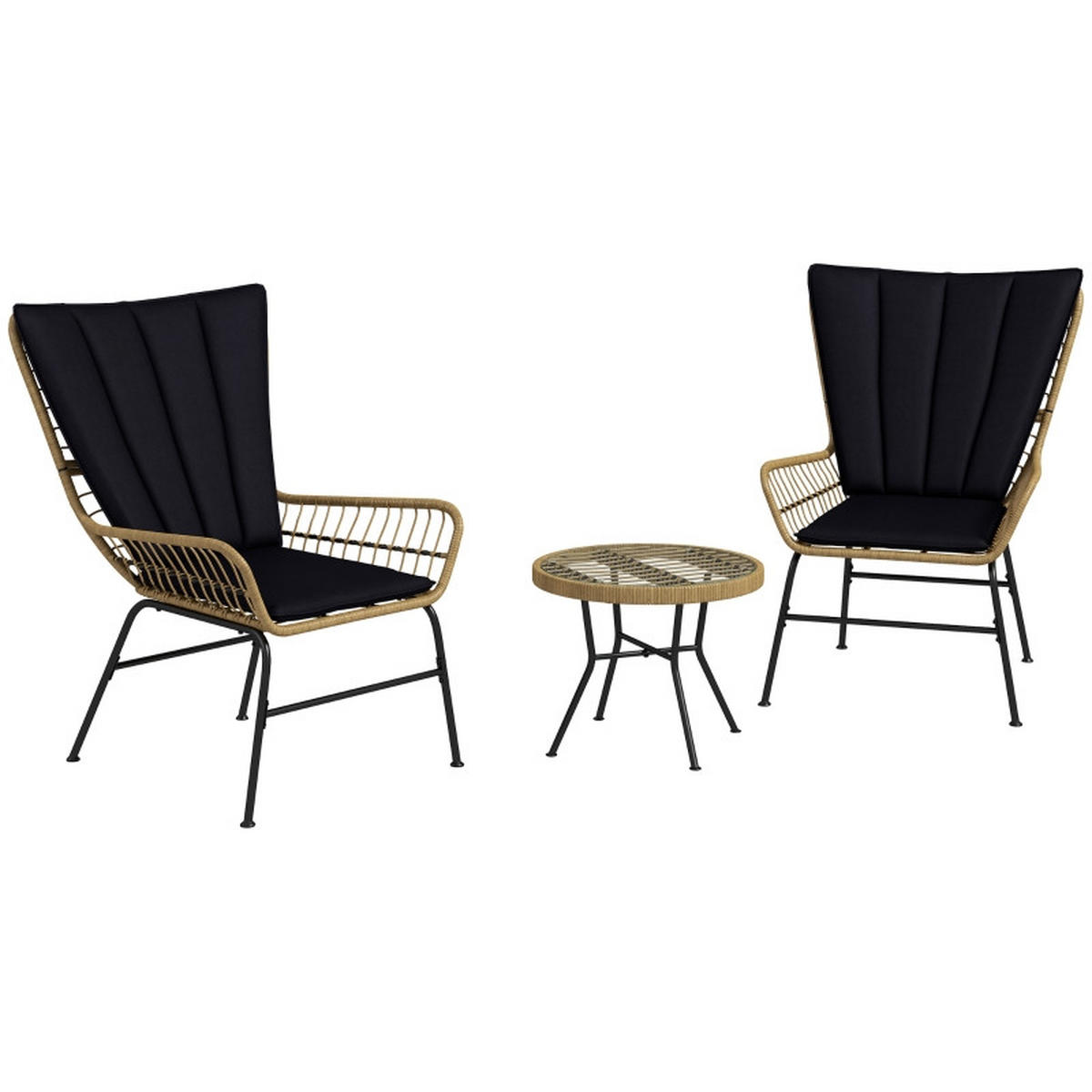 RATTAN GARTENMÖBEL SET 3-tlg. mit 2 Stühlen & Beistelltisch Hartglasplatte - Schwarz, Metall - ComfortXL