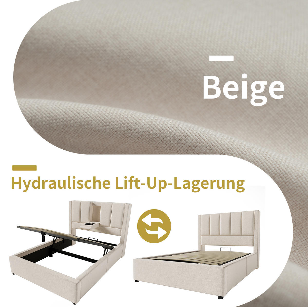 POLSTERBETT 90/200 cm Beige aus Leinen mit Stauraum und USB- & Type-C-Anschlüssen - Beige, Textil (90/200cm) - Flora Grace