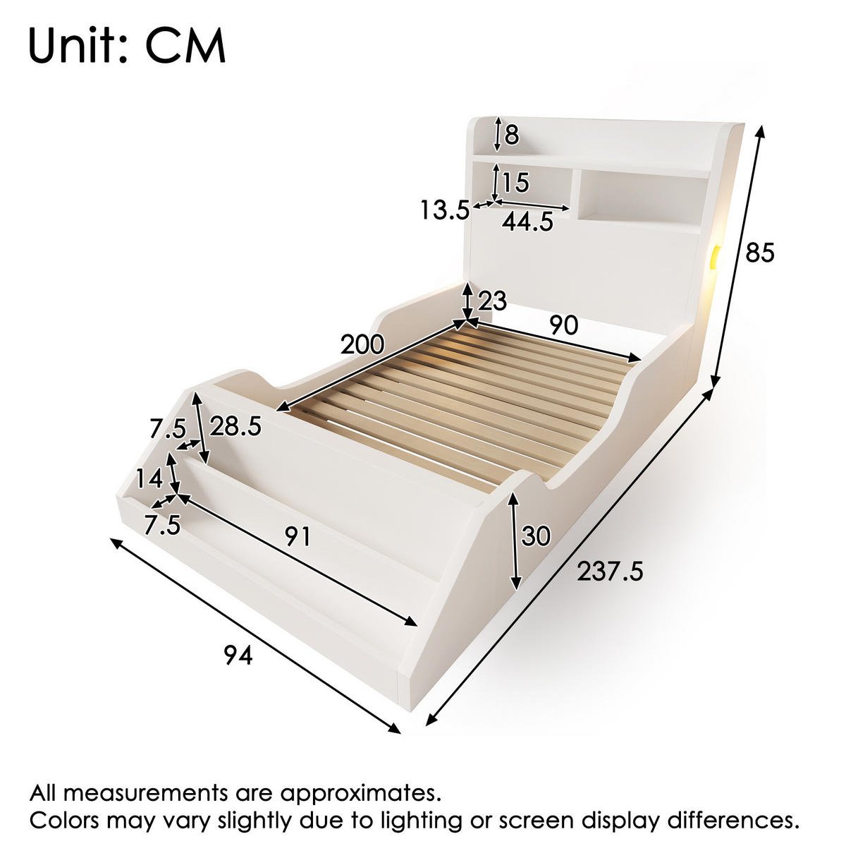 HOLZBETT 90/200 cm Weiß aus Holz mit Bücherregal und Nachtlichtern - Weiß, Holz (90/200cm) - OKMYHOME