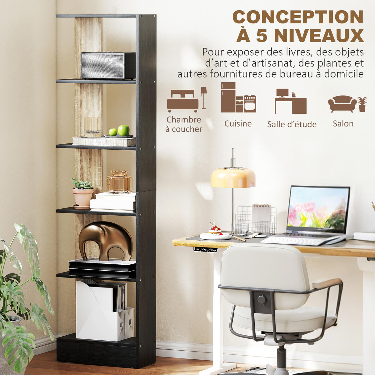 REGAL DE-15565 45/21/170 cm, 5 offene Fächer Schwarz/Eiche - Schwarz, Holzwerkstoff (21/170/45cm) - ComfortXL