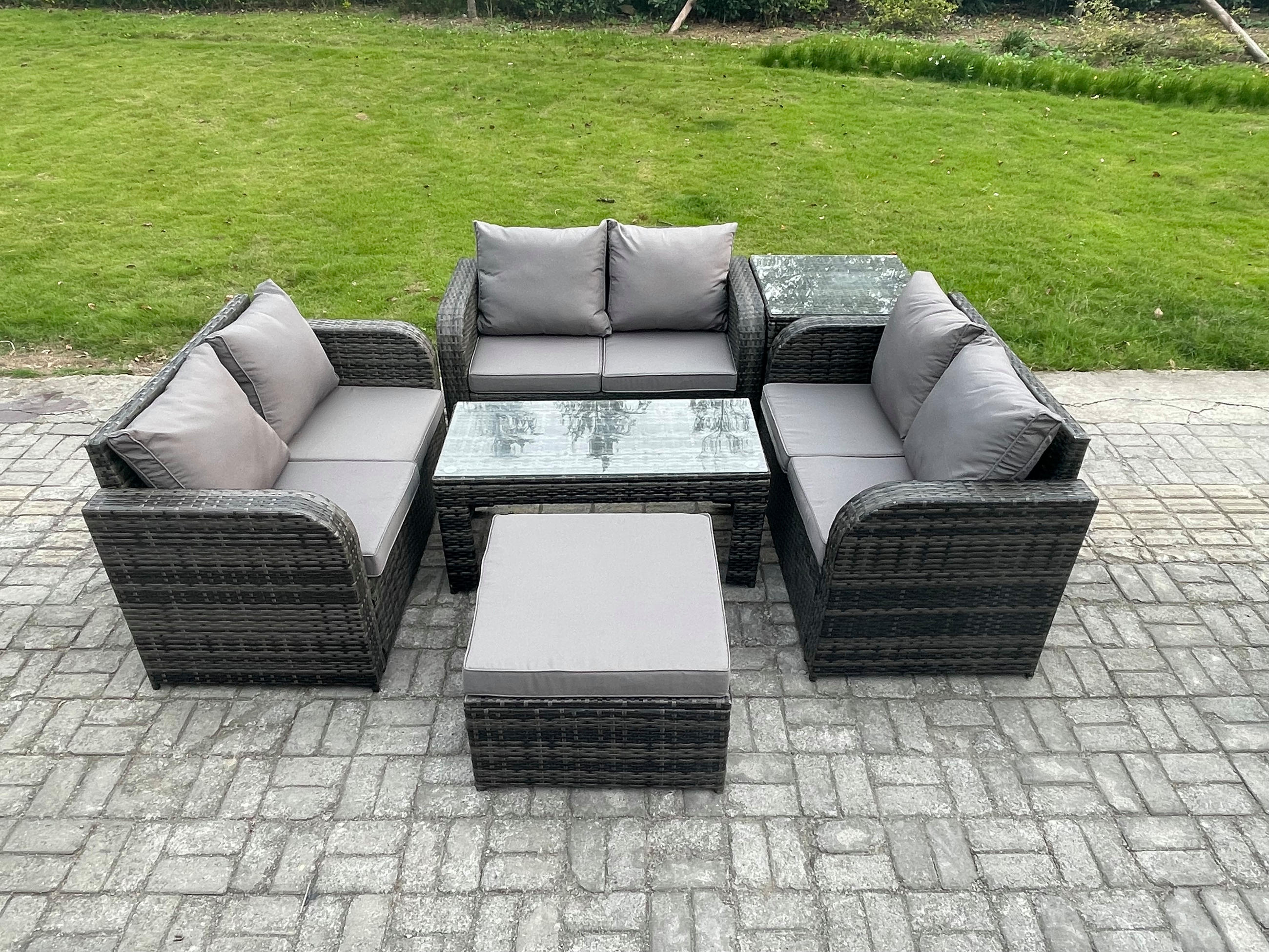 GARTENSOFA SET mit rechteckigem COUCHTISCH Polyrattan 7-Sitzer Dunkelgrau - Dunkelgrau/Grau, Glas/Kunststoff - Fimous