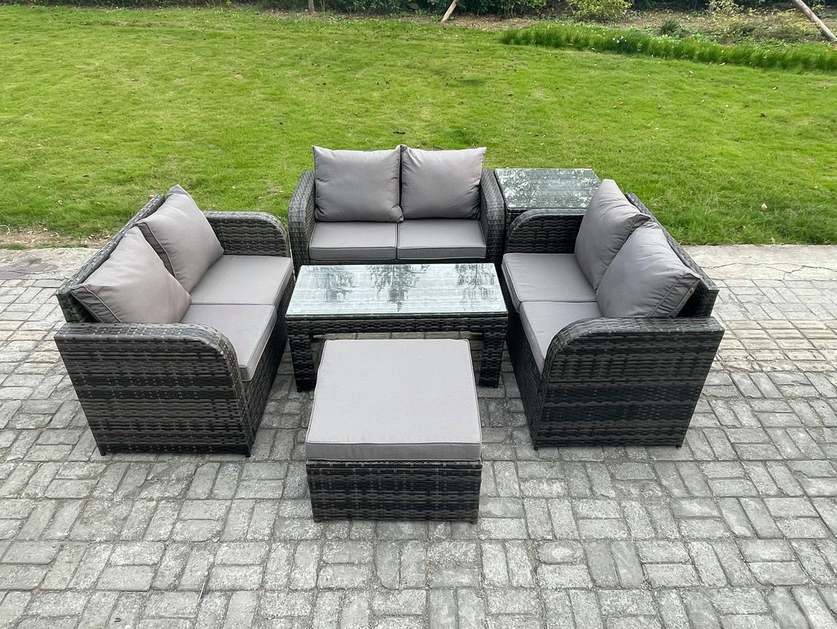 GARTENSOFA SET mit rechteckigem COUCHTISCH Polyrattan 7-Sitzer Dunkelgrau - Dunkelgrau/Grau, Glas/Kunststoff - Fimous